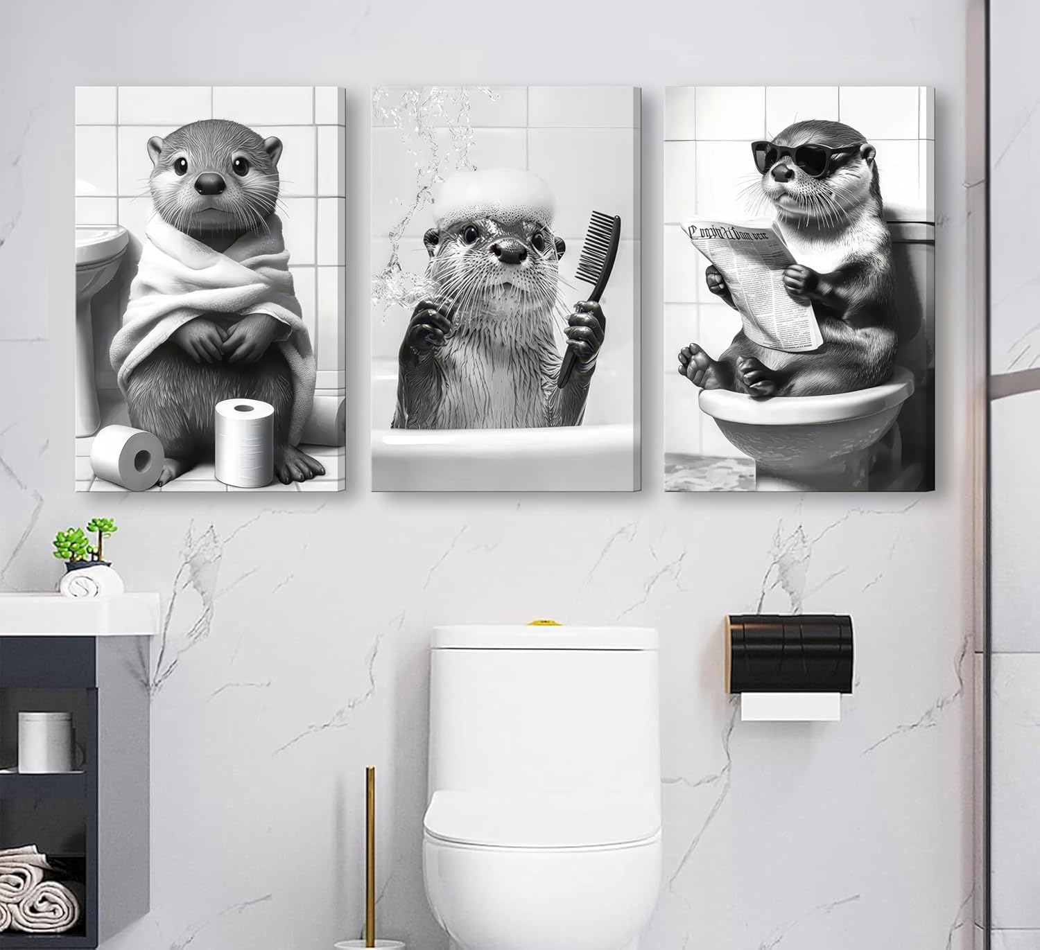 Skiennix Cute Otter Canvas Wall Art - Funny Black and White Animal Print | 3-Piece Bathroom Decor