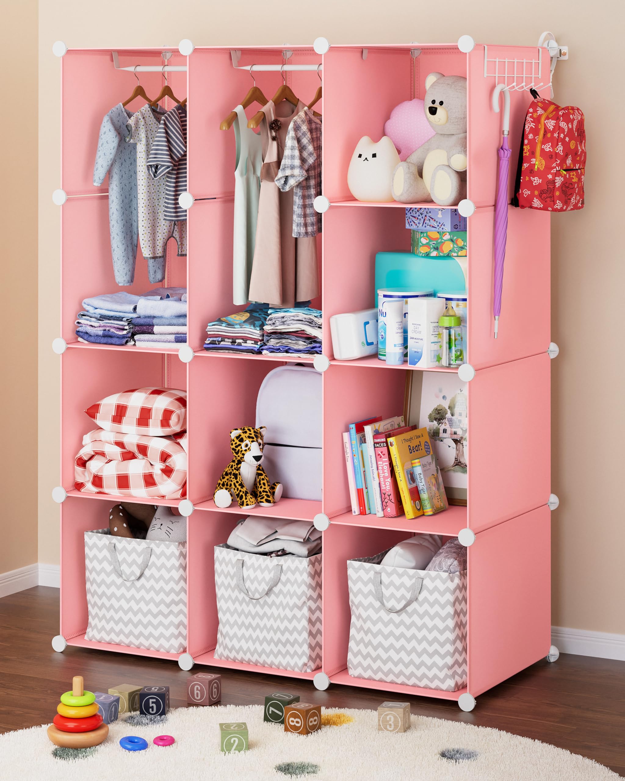 CUBEDIY Baby Closet Organizer for Nursery - Durable Baby Wardrobe Armoire for Closet - Customizable Dresser Shelves - Waterproof Shelf Clothes Organizer w/Wall Fixation (Pink)