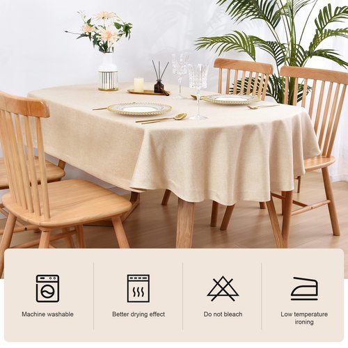 Wolkemer Faux Linen Oval Tablecloth Heavy Duty Wrinkle Resistant Fabric Table Cloths 60 x 84 Inch Beige Farmhouse Rustic Table Cover for Kitchen Dining Indoor Outdoor Tabletop Decoration