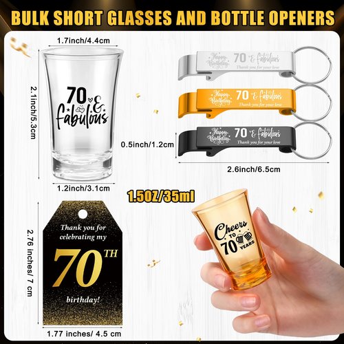 Domensi 50 Sets 70th Birthday Party for Guests Bulk Include Cheers to 70 Short Glasses Beer Bottle Opener Keychains Thank You Cards with Gift Bags and Ropes for Birthday Party Gifts