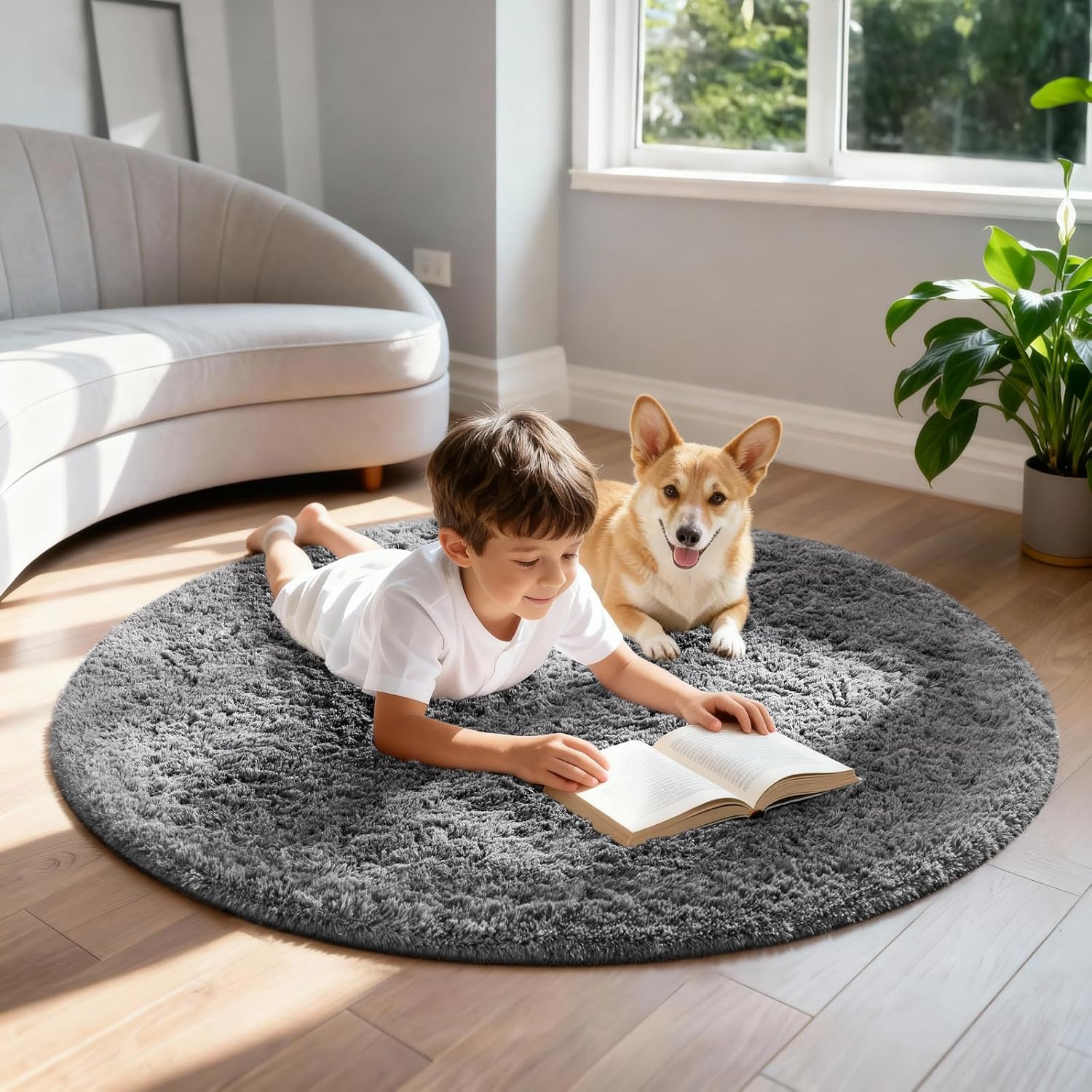 Ophanie Round Rug - 4Ft Grey Circle Area Rug | Fluffy Plush Shag Carpet for Kids & Nursery Decor