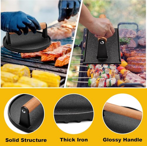 AIVIKI Burger Press - Heavy Duty Cast Iron Smash Press for Griddle | Round 6.9In & Rectangular 8.2x4.2In