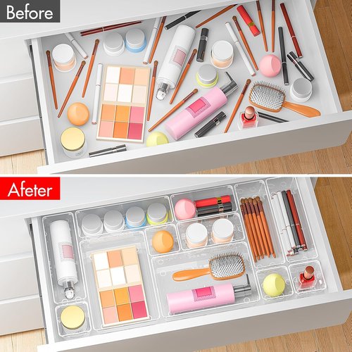 Clear Plastic Drawer Organizers by [Brand Name] - Set of 45 Stackable Storage Bins for Makeup, Kitchen Utensils & Jewelry