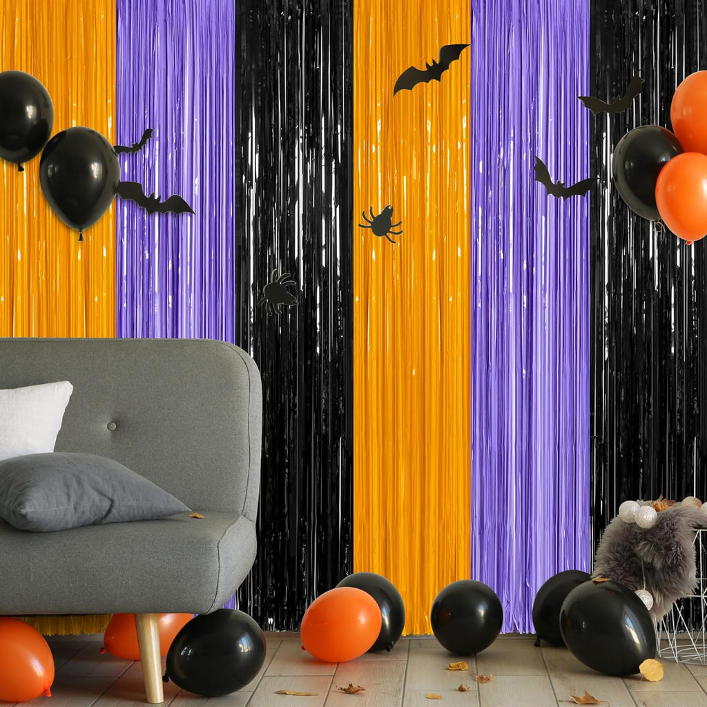 Regine Switzerland Halloween Backdrop - 2 Pack Foil Fringe Curtains | 3.28 FT x 7.05 FT, Orange & Purple Tinsel Decor