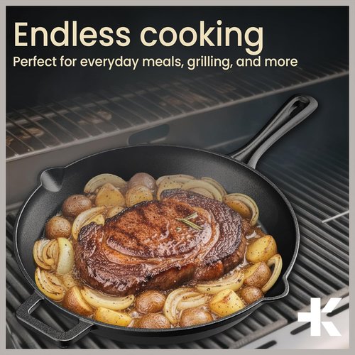 Bakken Pre-Seasoned Cast Iron Skillet - 12" Versatile Frying Pan with Glass Lid & Silicone Handle