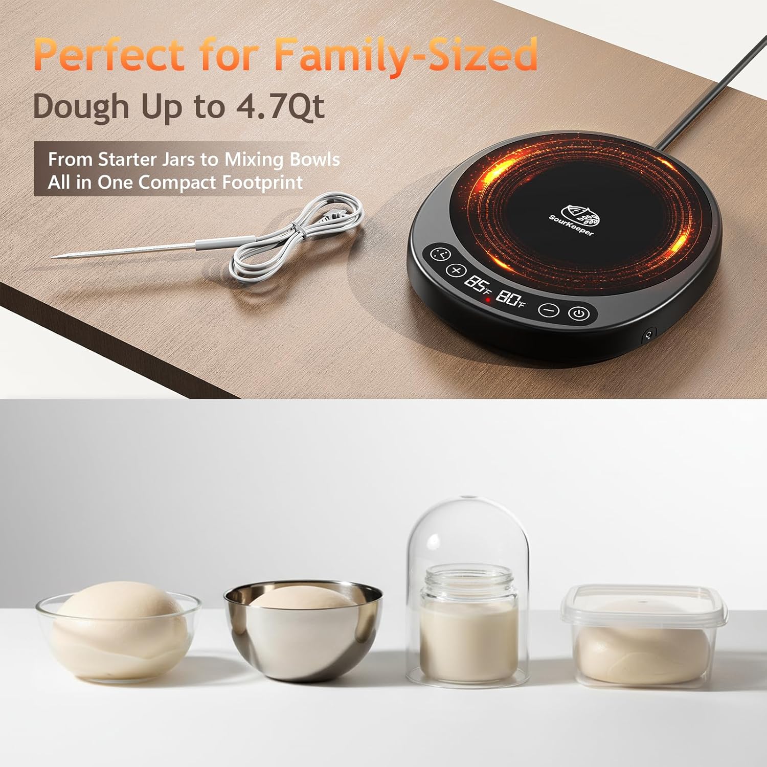 SourKeeper 2-in-1 Sourdough Starter Warmer Pro - 2026 Upgrade with Temp Probe & 24H Timer, Black