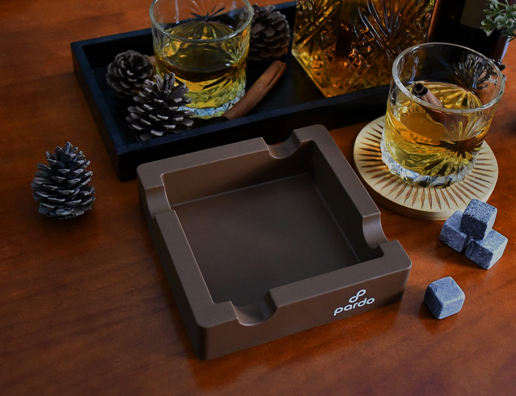 Cigar Ashtrays for Outdoors from Pardo - Silicone Ashtray for Large Ring Gauge Cigars with Built-in 4X Cigar Holder - Unbreakable Cigar Ashtrays for Patio - Brown