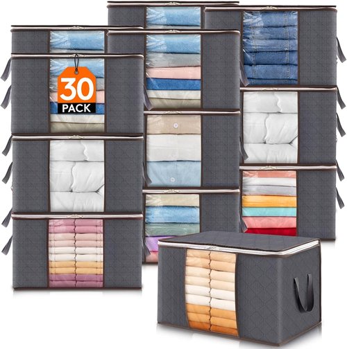 Lifewit 30-Pack Clothes Storage Bins - 60L Foldable Bags with Zippers & Clear Window for Easy Organization