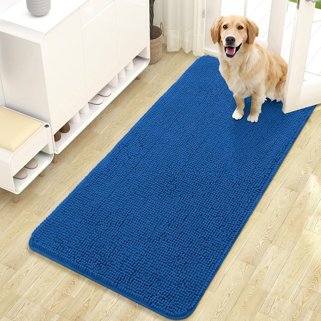 OLANLY Dog Door Mat - Absorbent Non-Slip Chenille for Muddy Paws | 47x24 Deep Navy Blue Indoor Carpet