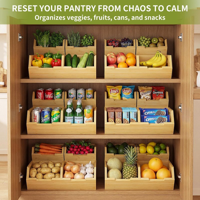 Bambition Bamboo Pantry Storage Bins for Vegetables, Potato and Onion Storage Bin for Pantry, Produce Bins for Kitchen Counter