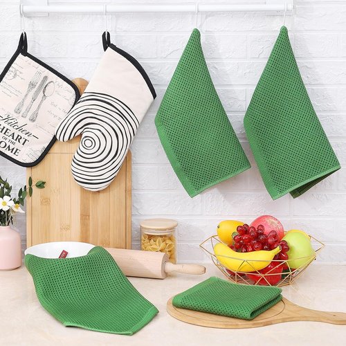 Homaxy Kitchen Dish Cloths - 100% Cotton Waffle Weave, Ultra Soft & Absorbent, 12 x 12 Inches, 8-Pack | Grass Green