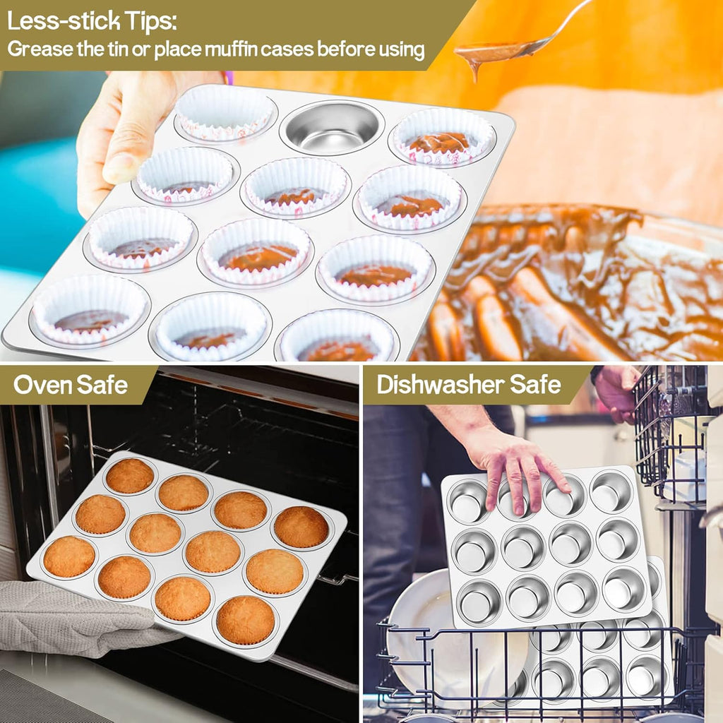 TeamFar 12-Cup Muffin Pan - Stainless Steel Non-Toxic Baking Tin | Easy Clean & Dishwasher Safe