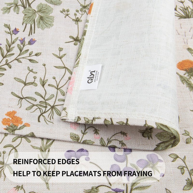 QIYI Boho Placemats Set of 6, 12x18 Inch Linen Fabric Floral Place Mats for Kitchen Dinning, Farmhouse Rustic Cloth Table Mats, Washable Placemat Botanical Party Table Décor, Wildflowers Herbs