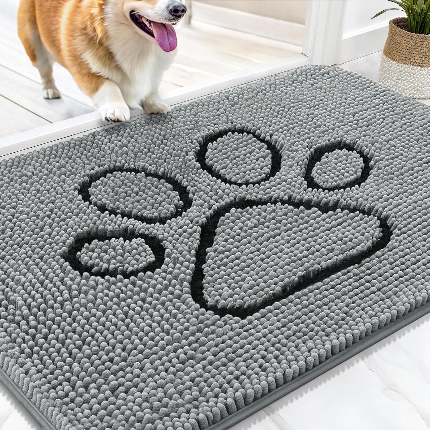 OLANLY Chenille Dog Door Mat - Indoor/Outdoor Entrance Mat Bundle | Grey 30x20 in & Black 29.5x17 in