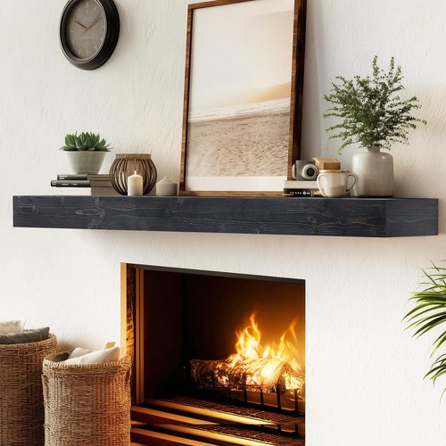 ABSWHLM 56x8x3 Fireplace Mantel - Handcrafted Hollow Rustic Solid Wood Wall Mounted Floating Shelf with Invisible Heavy Duty Wood Bracket (Weathered Black)