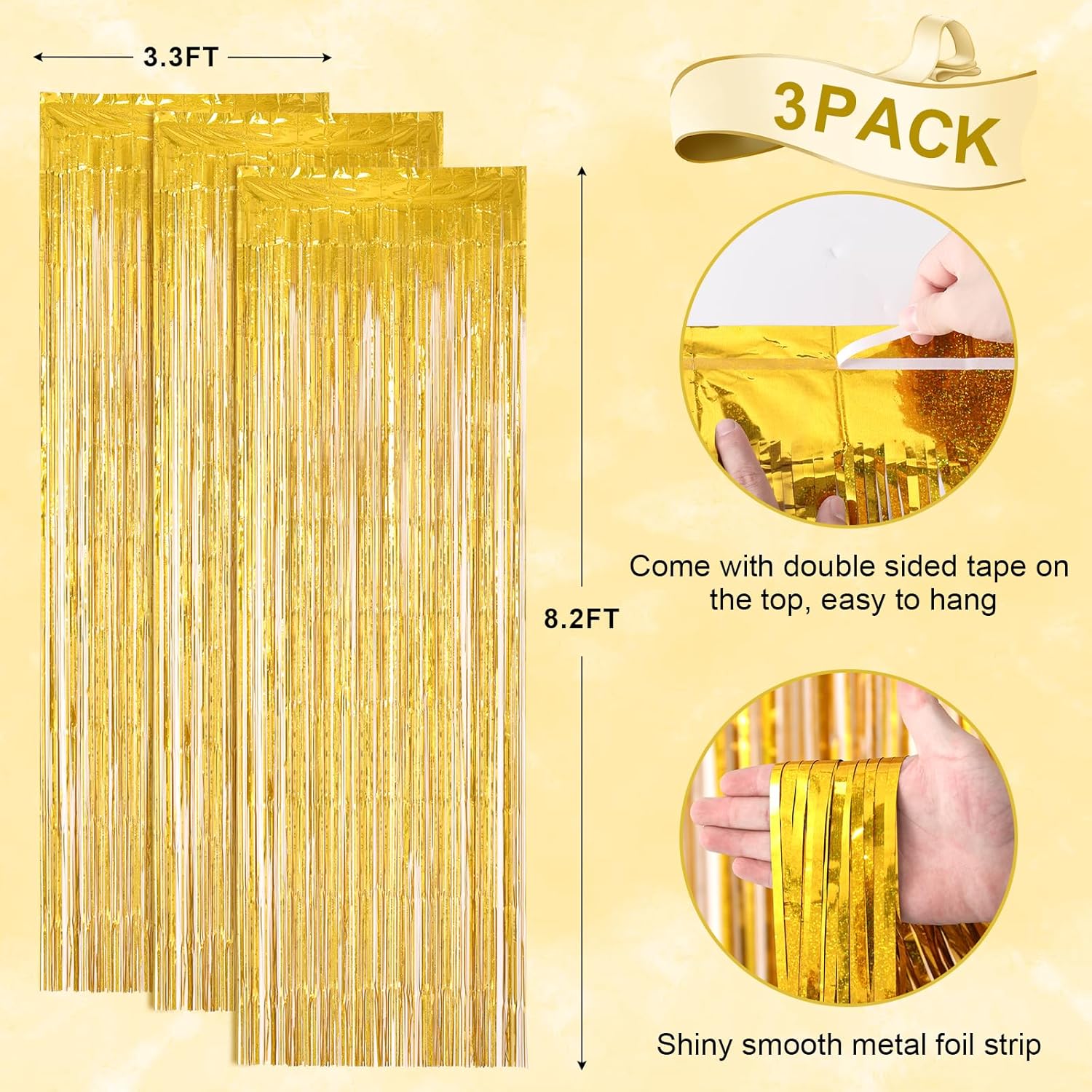 Voircoloria 3 Pack Laser Gold Foil Fringe Backdrop Curtains - 3.3 x 8.2 ft Tinsel Streamers for Parties