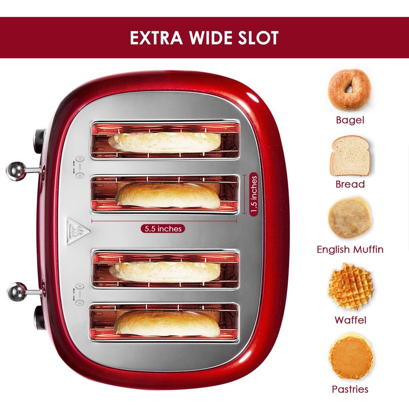 Roter Mond 4 Slice Toaster Retro Stainless Steel with Bagel Defrost Cancel Function, 6 Browning Settings, Extre Wide Slot and Removable Crumb Tray, Red, ST033