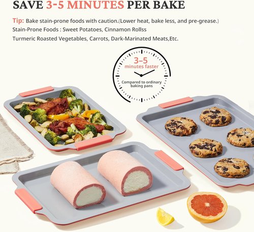 BRONYPRO Non-Stick Ceramic Baking Sheet Set | 3 Heavy-Duty Cookie Sheets - PFOA & PTFE Free, Coral