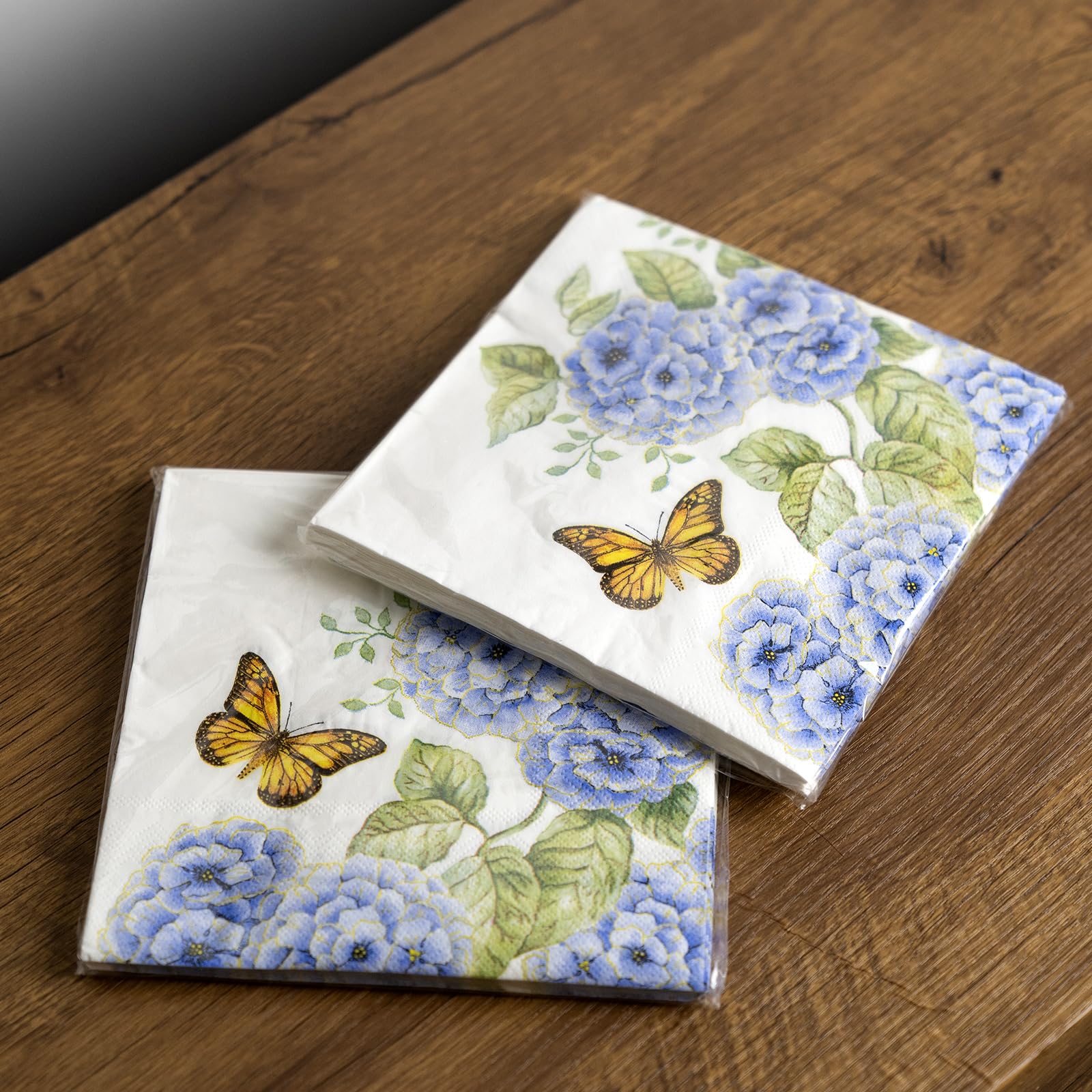 1 Gold Napkin Holder and 50 PCS Hydrangea Paper Napkins,Brass Napkin Holder,Classic combination and matching,Modern Dining Table Decor, Home Decor