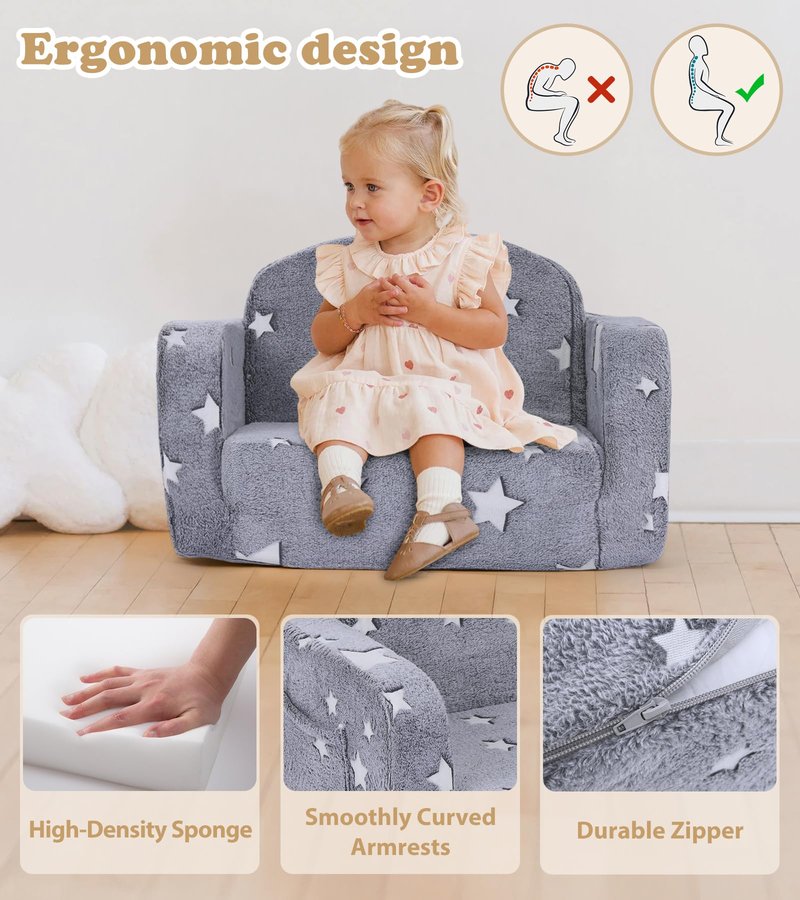 Kids Couch, 2-in-1 Soft Toddler Couch Fold Out with with Blanket and Cloud Pillow, Glow in The Dark, Toddler Chair Comfy, Convertible Sofa, Gifts for Kids Girl Boys, Medium Grey Star