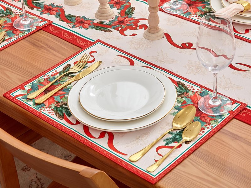 YiHomer Poinsettia Ribbon Engineered Printed Fabric Christmas Tabletop for Xmas Winter Holiday, Christmas Time, Reversible Placemat Set, 13 x 19