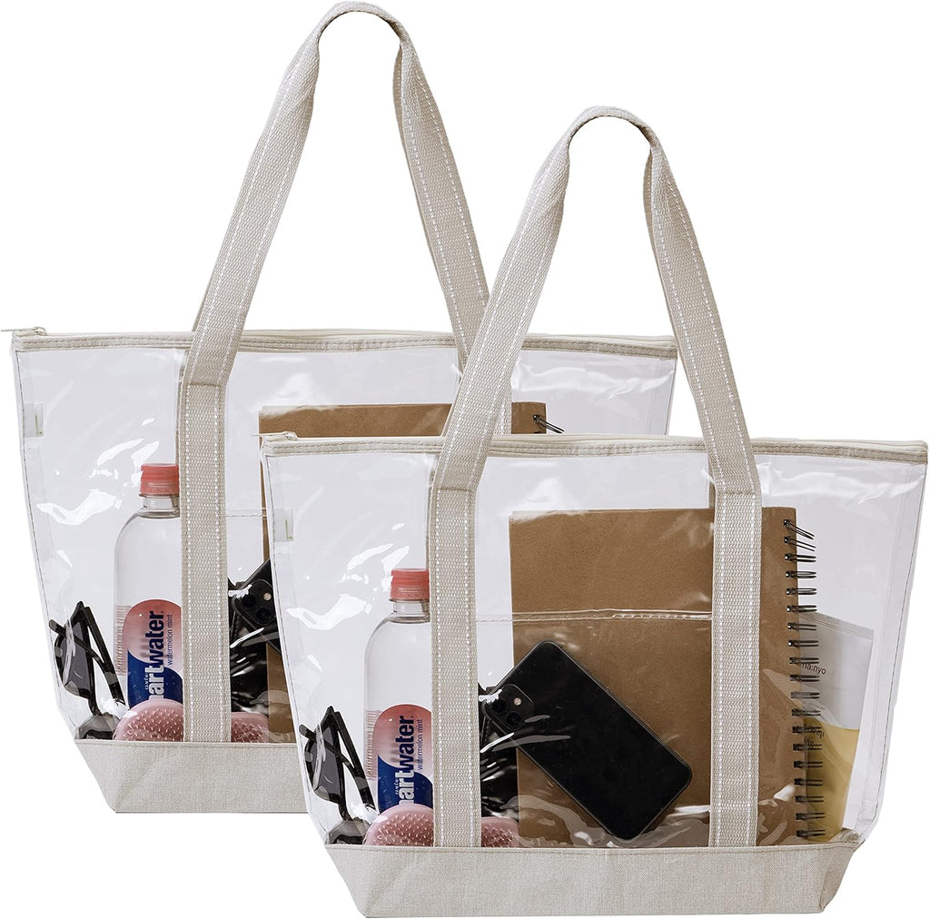 VENO Clear Beach Bag - Large Transparent Tote for Swim, Pool, Gym | Summer Vacation Essentials - Beige