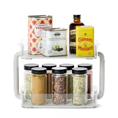 madesmart Tiered Spice Organizer, 8 Jars for Kitchen Essentials, Vertical Storage for Salt, Pepper, Cayenne, Soft-Grip Lining, Dual Handles, Grey