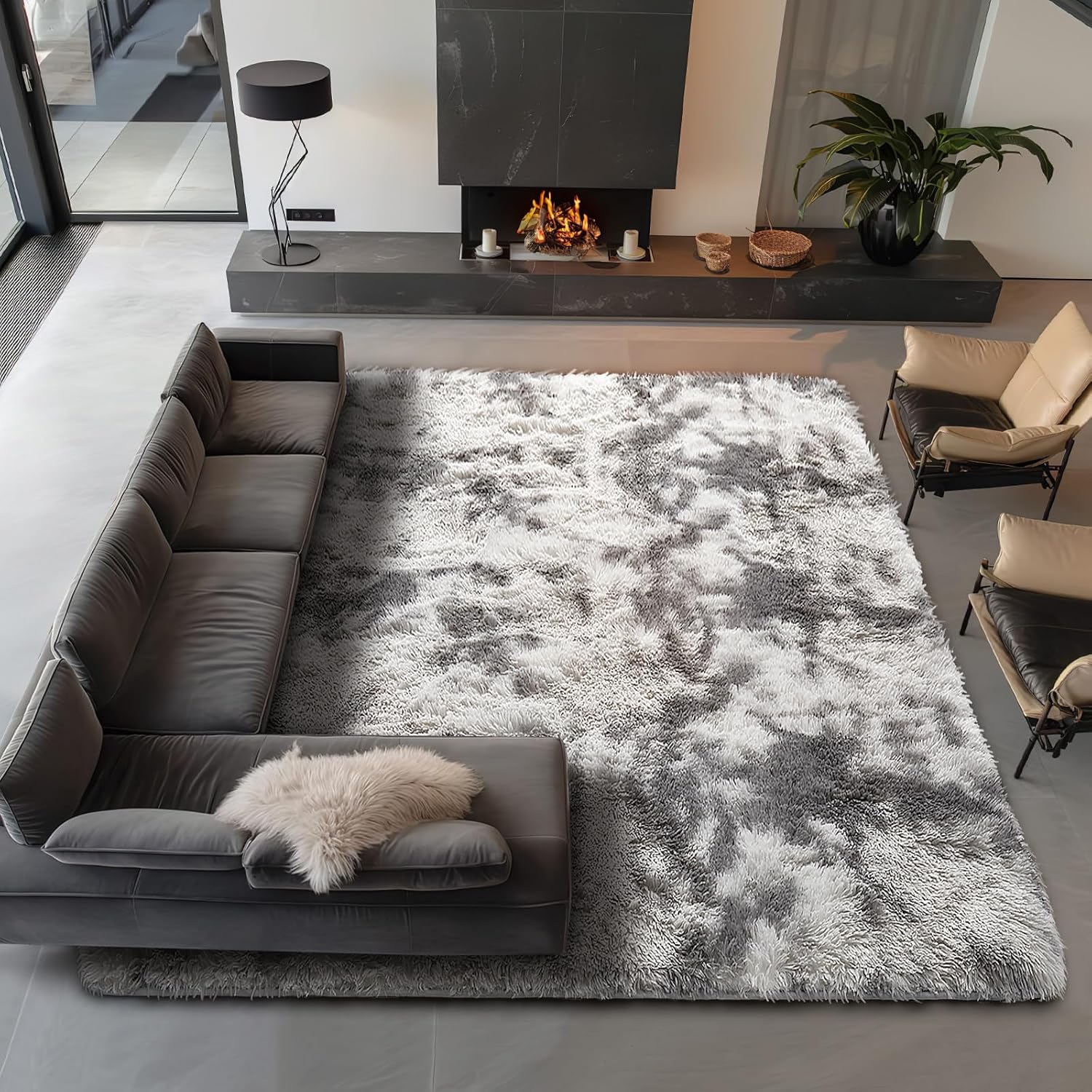 Ophanie Area Rug - Tie-Dyed Grey & White Shag Carpet | Soft 8x10 Living Room & Nursery Decor
