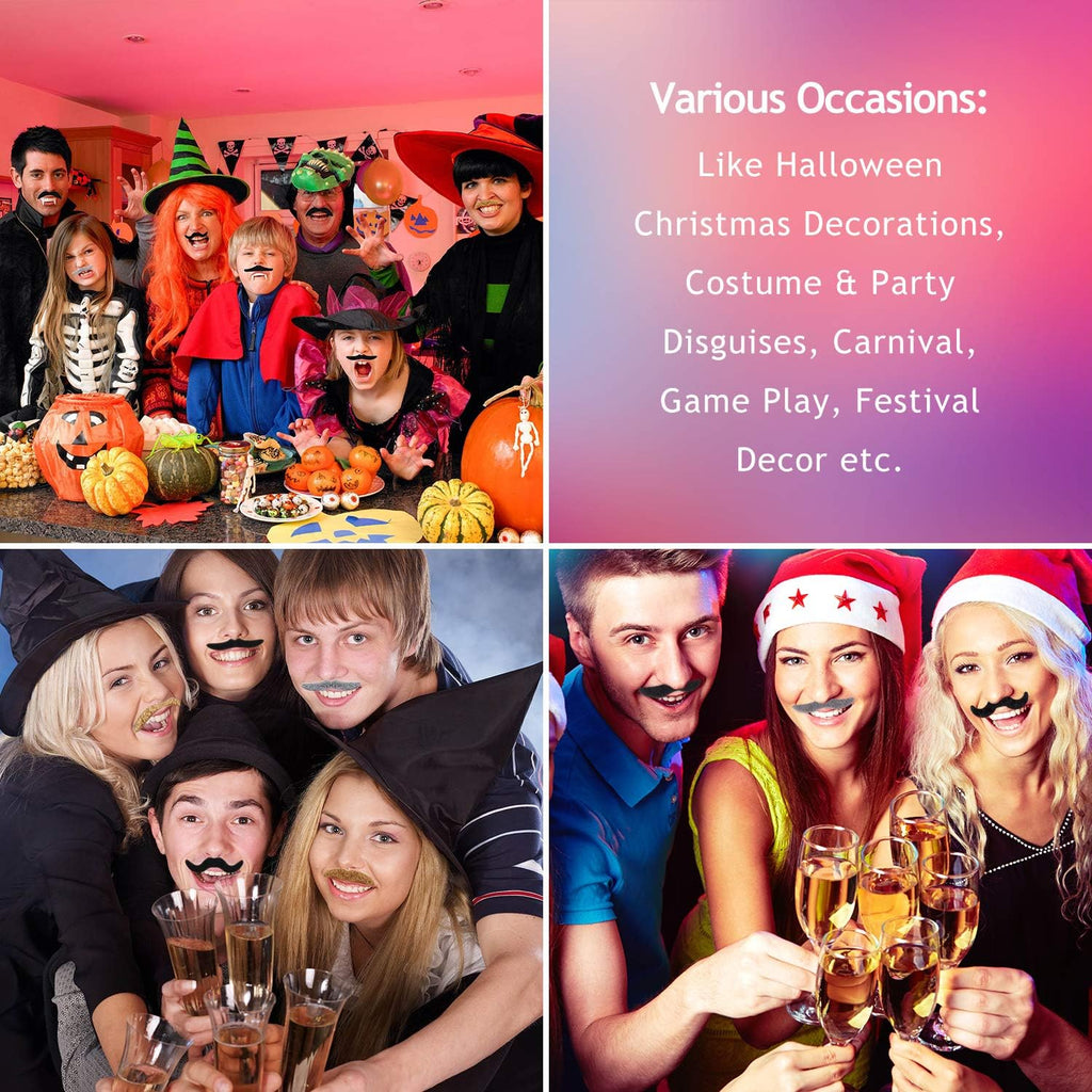 Whaline 48Pcs Self-Adhesive Fake Mustaches Set - Fun Costume Facial Hair for Halloween Parties