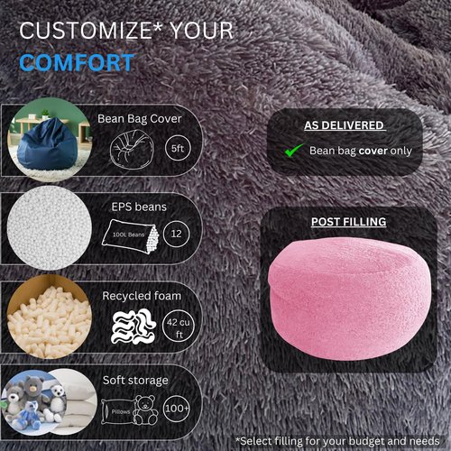 Delmach Fluffy Bean Bag Chair Cover for Adults Teens or Kids, xl Faux Fur Stuffed Animal Storage (Light Pink, 5 ft (Cover Only))