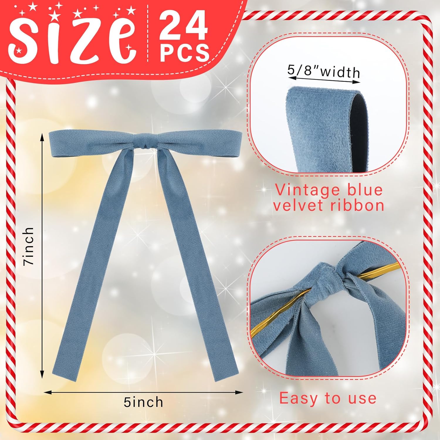 Skiennix Velvet Bows | 24 Pcs Vintage Double-Faced Ribbon Ornaments for Christmas Tree & Wreaths - Dusty Blue (5 x 7 Inch)