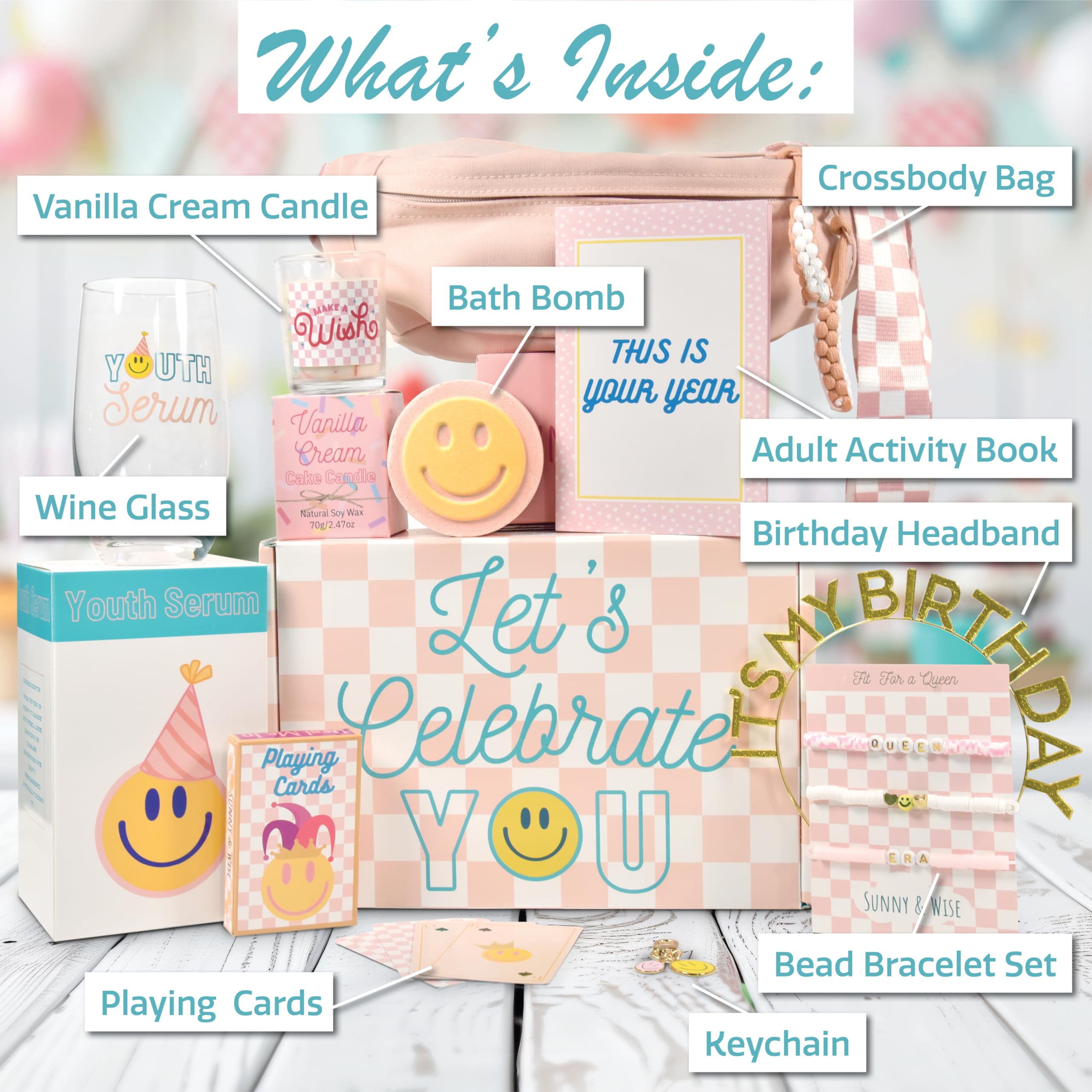 Birthday Celebration Gift Box for Women – Cozy Kit with Fun Accessories and Keepsakes, Thoughtful Surprise, Pre Made Birthday Gift Package for Friends, Family, Loved Ones, Designed in USA, 9-Piece Set