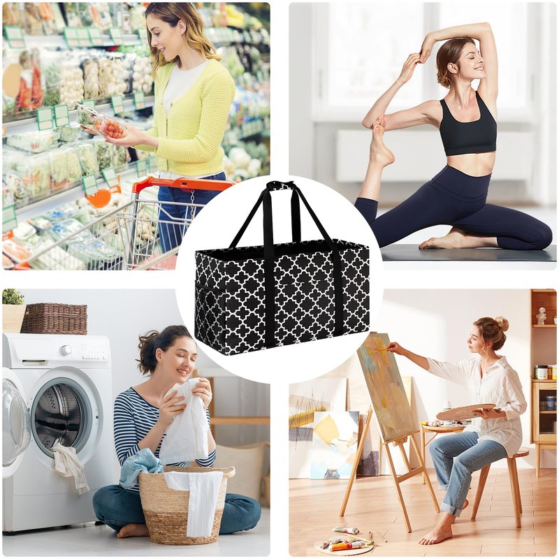 GhvyenntteS Extra Large Utility Tote Bag 2 Pack - Stand Up Utility Tote with Metal Wire Frame & Hard Bottom Board, Reusable Grocery Bags With Handles for Storage, Picnics, Beach, Laundry, Car, Camping