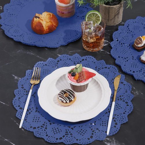 MCEAST 100 Pack Round Blue Paper Doilies 13.5 Inches Lace Place Mats Rustic Scallop Doily Disposable Paper Table Pads for Food Cakes Crafts Party Weddings Tableware Decor