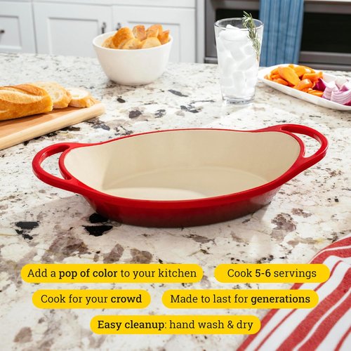 Lodge Enameled Cast Iron Oval Casserole - 2 Quart Capacity - Dual Handles, Oven Safe to 500°F - Red