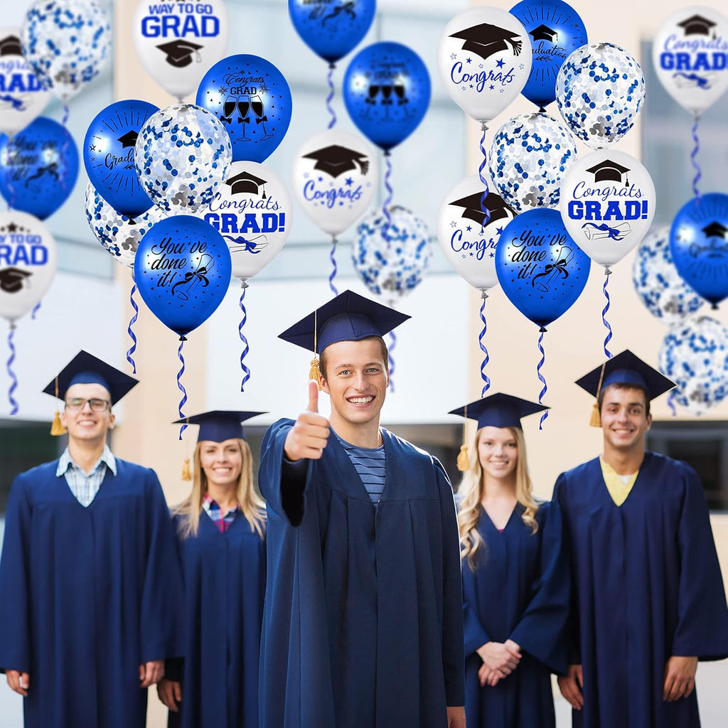 Whaline Graduation Party Balloon Set - 60 Pcs with Blue & White Confetti | 7 Unique Designs & Ribbons