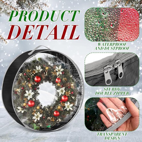 4 Pcs Christmas Wreath Storage Bag - Clear Window, Zipper & Handle for Holiday Garland | Black, 30"