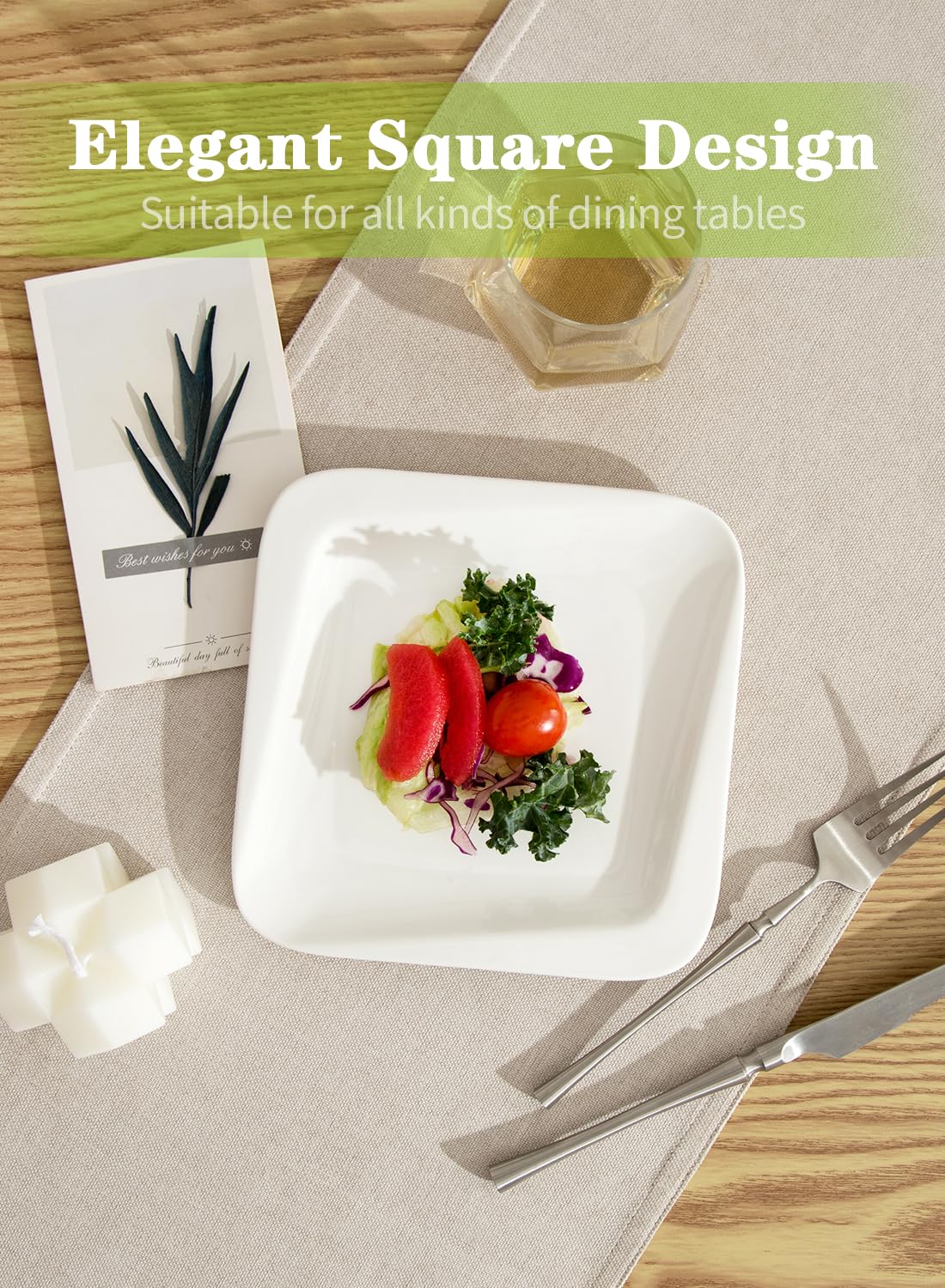 TAMAYKIM 7.3 Inch Porcelain Dessert Plates 10 Pieces, Appetizer Plates, Square Salad Dinnerware Sets, Scratch Resistant, Microwave, Oven and Dishwasher Safe, White