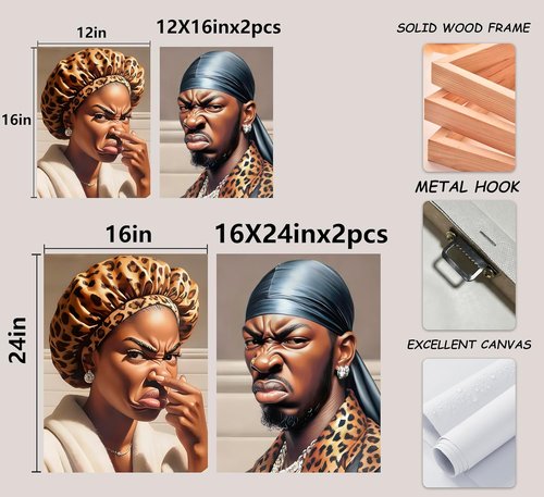 Funny Stank Face Bathroom Wall Art - 2Pcs African American Canvas Decor | Humorous WC Smell Paintings