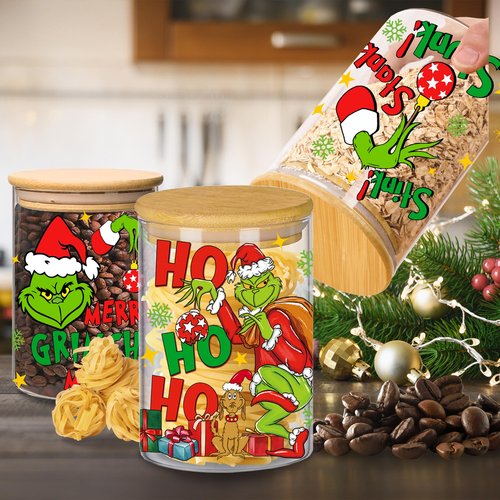 HGIK Christmas Cookie Jar with Lids, Christmas Kitchen Decor 3 Pack Glass Storage Jars, Xmas Decorations Canisters Sets with Airtight Bamboo Lid for Countertop, Clear Glass Storage Jars