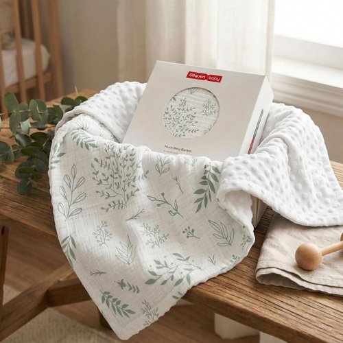 GLLQUEN Baby Blanket - Soft Muslin Cotton Front with Dotted Fleece Backing | Greenery, 30 x 40 Inches