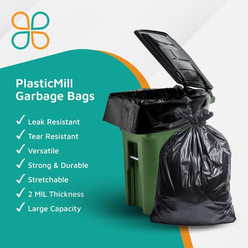 PlasticMill Heavy Duty Trash Bags - Black Garbage Bags - Plastic Trash Bags for Large Rolling Trash Bins - Tall Trash Bags - 100-Gallon Large Kitchen Trash Bags, 2 Mil, 67"x79" (10-Count)