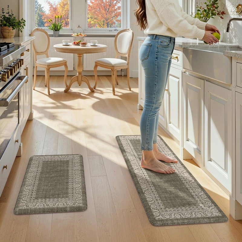 LEEVAN Kitchen Mats Cushioned Anti Fatigue Sets of 2,Blue Non Slip Waterproof Kitchen Mats for Floor,Memory Foam Striped Comfort Kitchen Floor Mat for Sink,Laundry,Home,Office,Desk(17"x29"+17"x47")