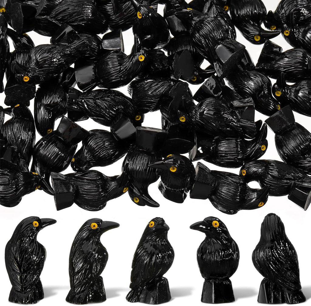 Skiennix Miniature Crows Decor - 100 Pcs Black Resin Raven Figurines for Holiday & Party Decor