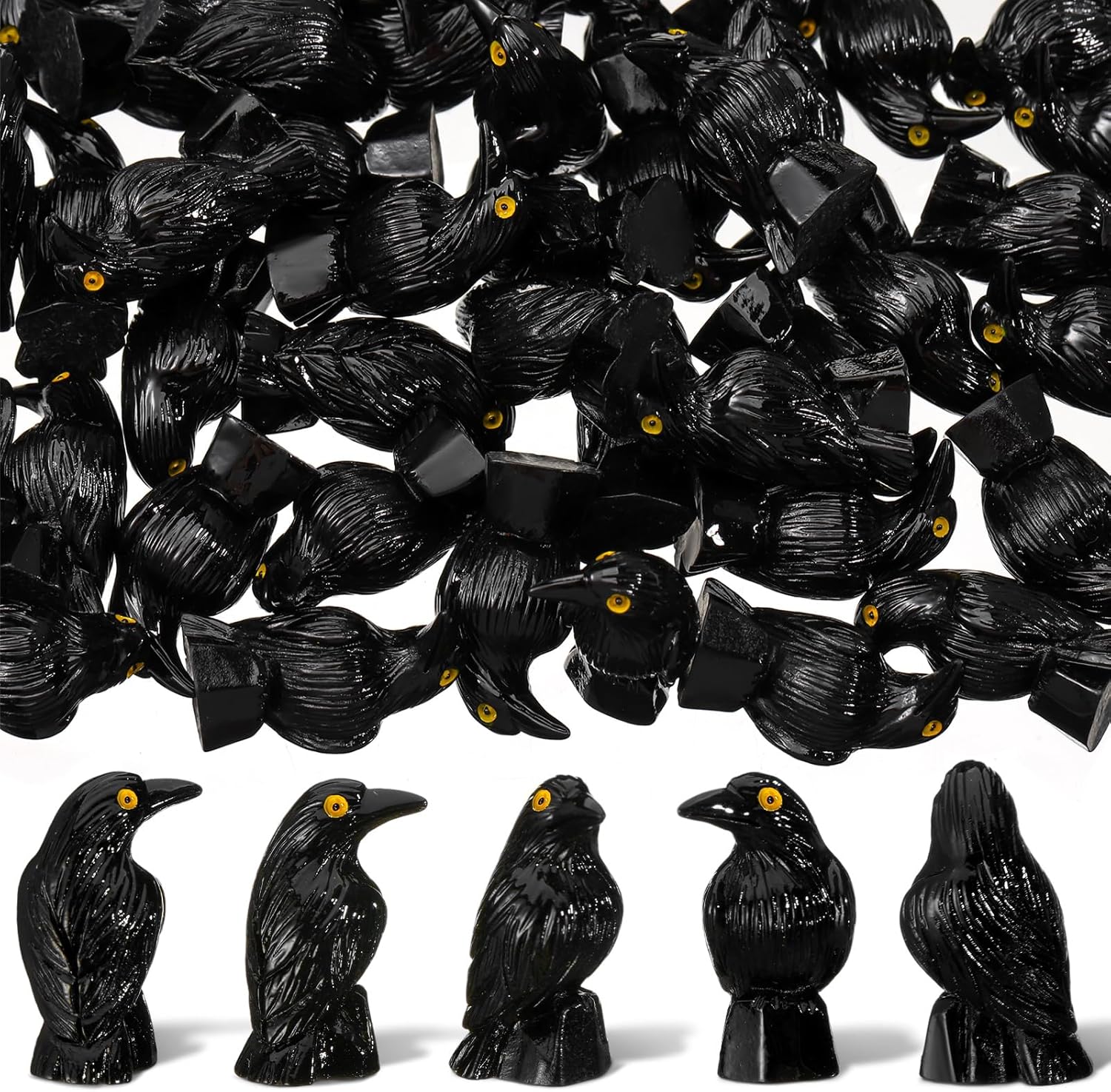 Skiennix Miniature Crows Decor - 100 Pcs Black Resin Raven Figurines for Holiday & Party Decor