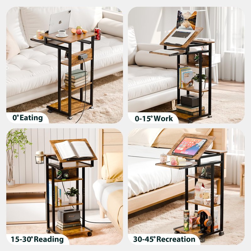 ZIFTY Couch Table with Charging Station and Storage Shelves 360°Swivel End Table with Shelves and Wheels C Shaped End Table for Laptops Tv Tray Side Table for Living Room Bedroom Rustic