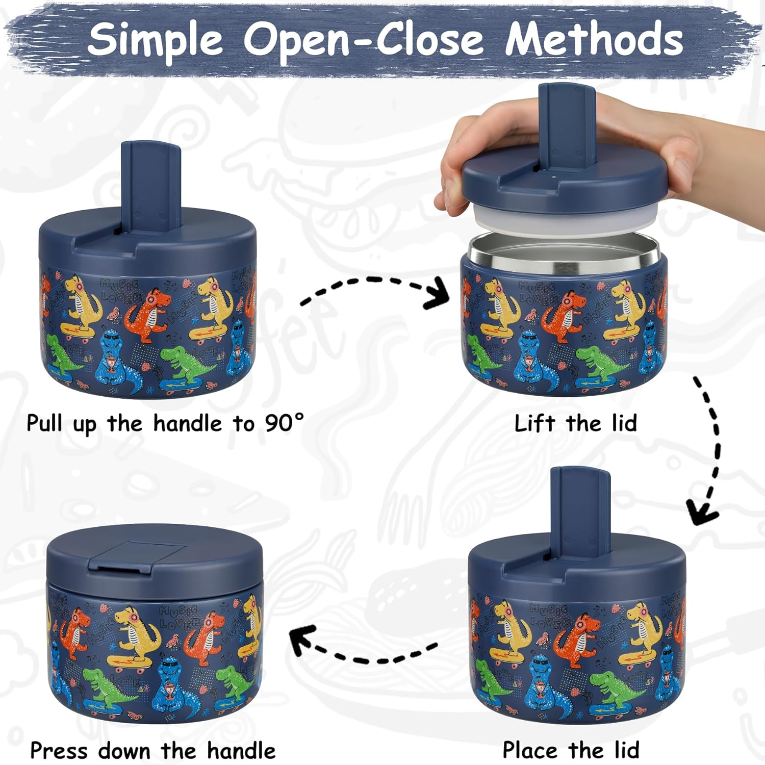 Pawtong Insulated Vacuum Food Jar - 12oz Leakproof Stainless Steel Lunch Container for Kids | Blue Dinosaur