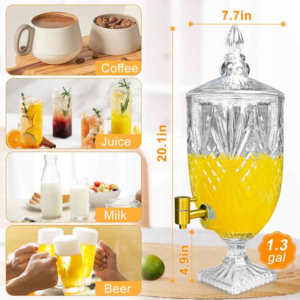 1.3 Gallon Glass Drink Dispenser, Glass Beverage Dispenser with Spigot for Party Bar Wedding, Crystal Collection Jug, Wide Mouth with Lid, Iced Beverage Dispensers (1.3gal colorful)