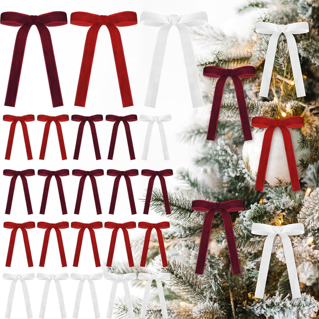 Skiennix 24 Pcs Velvet Bows - Vintage Ribbon Bows for Christmas Tree & Crafts | Red, Burgundy, White (5 x 7 Inch)