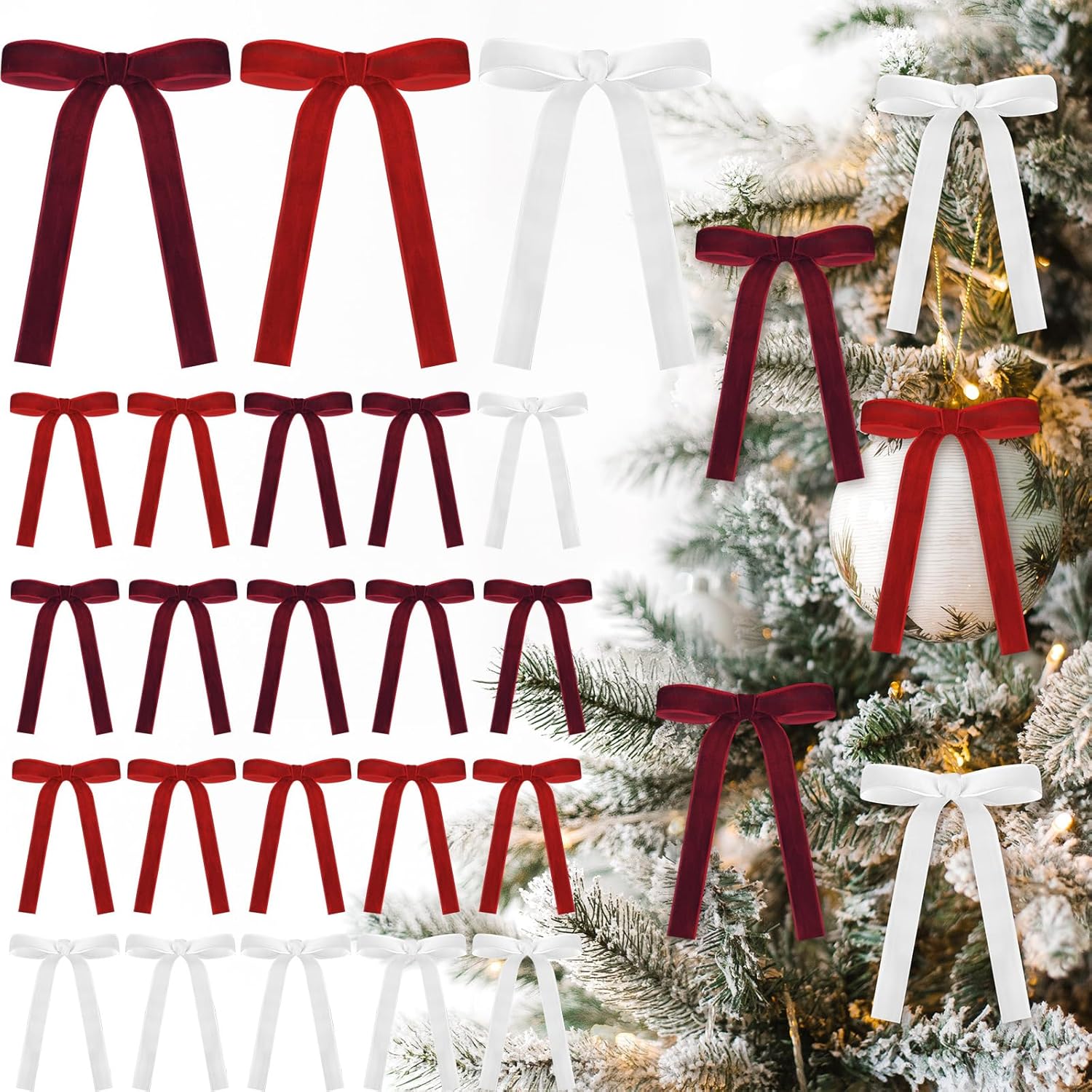 Skiennix 24 Pcs Velvet Bows - Vintage Ribbon Bows for Christmas Tree & Crafts | Red, Burgundy, White (5 x 7 Inch)